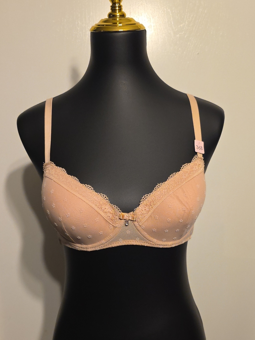 Sheer Lace Trim Light Peach Bra with Bow Accent